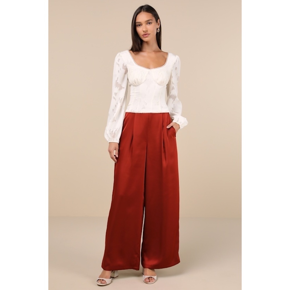 Lulus Stunning Chicness Rust Red Satin High-rise Wide-leg Pants - Size XS